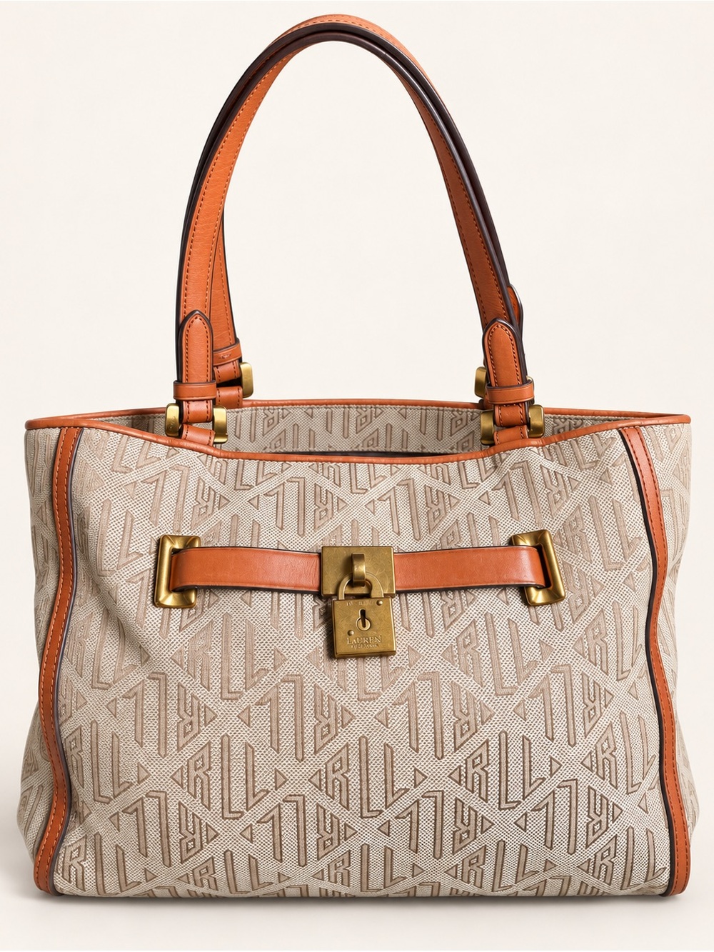 Lauren Ralph Lauren Monogram Jacquard Leather Trim Gold Lock Shoulder Tote Bag